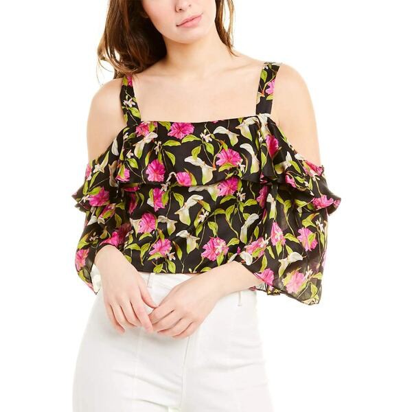 ミリー レディース シャツ トップス Women's Small Calla Lily Print on Chiffon Audrey Ruffle Crop Top Multi