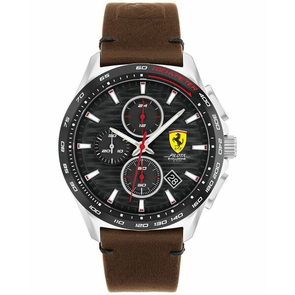 フェラーリ メンズ 腕時計 アクセサリー Men's Chronograph Pilota Evo Brown Leather Strap Watch 44mm Brown