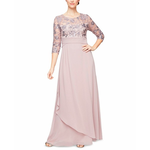 アレックスイブニングス レディース ワンピース トップス Petite Embellished Illusion-Bodice 3/4-Sleeve Gown Orchid