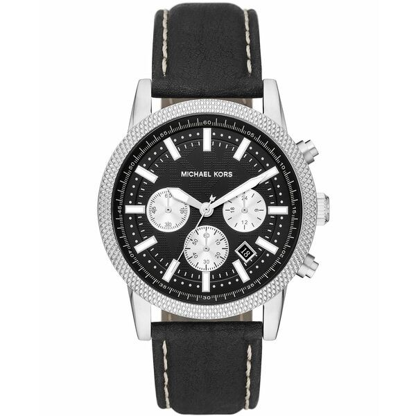 マイケルコース メンズ 腕時計 アクセサリー Men's Hutton Chronograph Black Leather Strap Watch 43mm Black