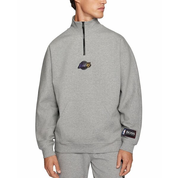 ヒューゴボス メンズ シャツ トップス BOSS Men's NBA Los Angeles Lakers Zip-Neck Sweatshirt Open Grey