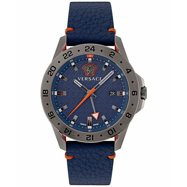 ヴェルサーチ メンズ 腕時計 アクセサリー Men's Swiss Sport Tech GMT Blue Leather Strap Watch 45mm Ip Gunmetal