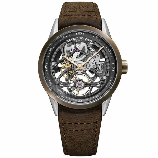 レイモンドウェイル メンズ 腕時計 アクセサリー Men's Swiss Automatic Freelancer Brown Leather Strap Watch 42mm Bronze