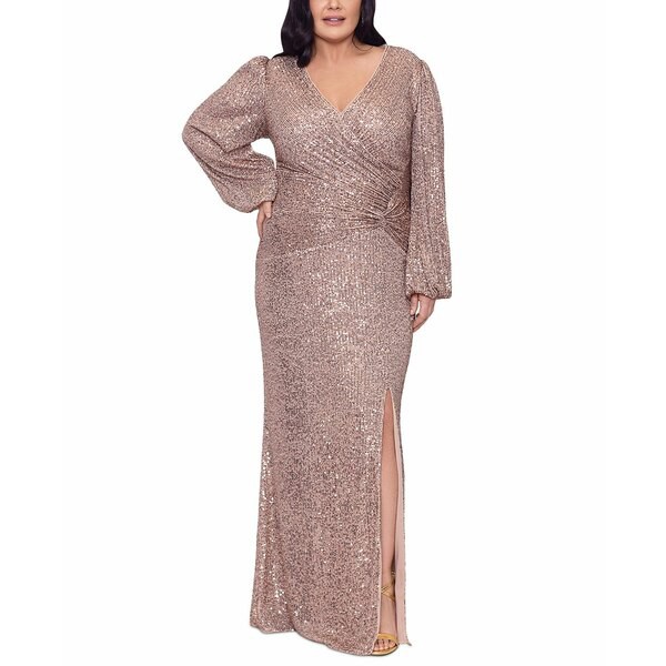 エスケープ レディース ワンピース トップス Plus Size Long Sleeve Sequin Gown Nude/Blush