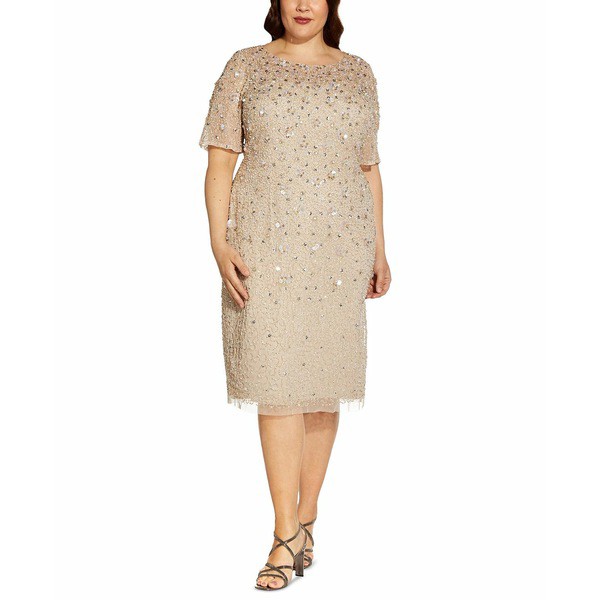 アドリアナ パペル レディース ワンピース トップス Plus Size Embellished Sheath Dress Biscotti Beige