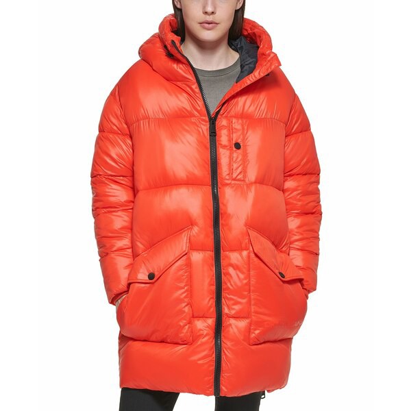 ダナキャランニューヨーク レディース ジャケット＆ブルゾン アウター DKNY Wet Shine Long Puffer Coat Brght Orange