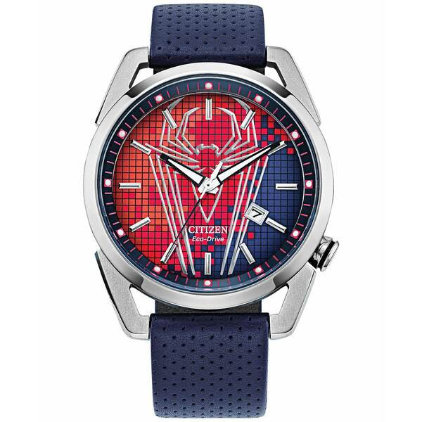 シチズン メンズ 腕時計 アクセサリー Men's Spider-Man Blue Leather Strap Watch 42mm Blue