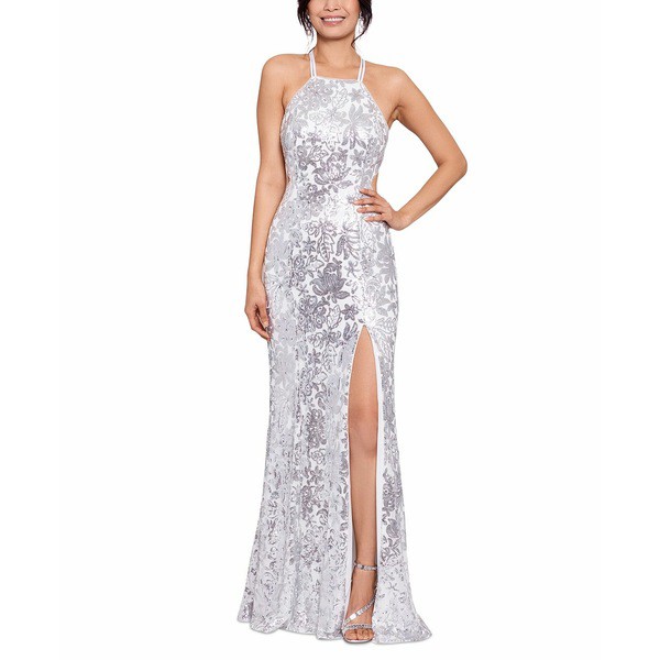 ベッツィ アンド アダム レディース ワンピース トップス Sequin Halter Gown White Silver