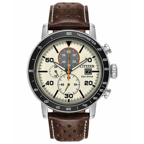 シチズン メンズ 腕時計 アクセサリー Eco-Drive Men's Chronograph Brown Leather Strap Watch 44mm Brown