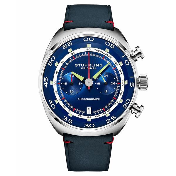 スターリング メンズ 腕時計 アクセサリー Men's Chrono Blue Genuine Leather Strap Watch with Tachymeter 44mm Blue