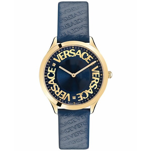 ヴェルサーチ レディース 腕時計 アクセサリー Women's Swiss Logo Halo Blue Leather Strap Watch 38mm Ip Yellow Gold