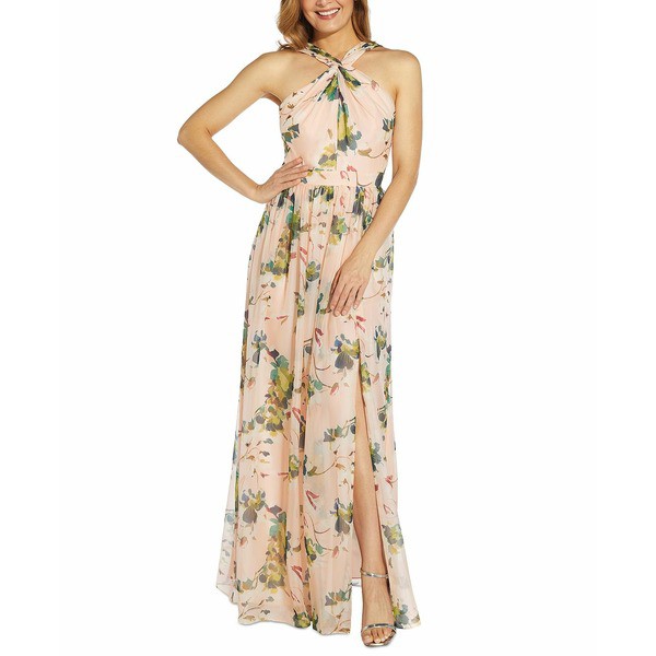 アドリアナ パペル レディース ワンピース トップス Floral-Print Twist Halter Gown Champagne