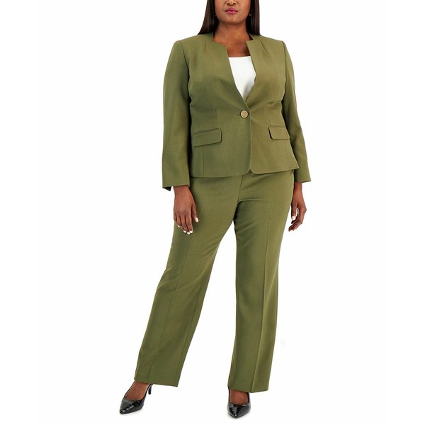 ル スーツ レディース カジュアルパンツ ボトムス Plus Size Single-Button Blazer Slim-Fit Pantsuit Light Loden