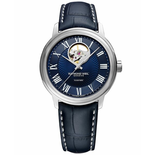 レイモンドウェイル メンズ 腕時計 アクセサリー Men's Swiss Automatic Maestro Blue Leather Strap Watch 39.5mm Blue