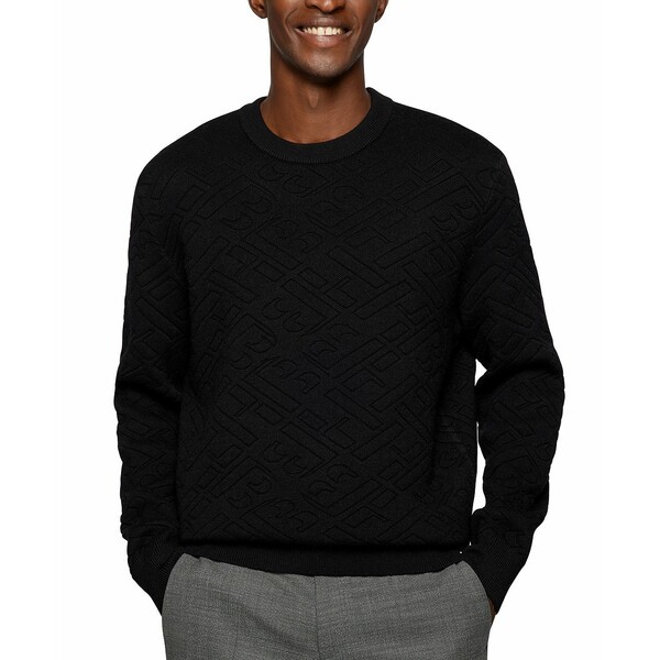 ヒューゴボス メンズ ニット&セーター アウター BOSS Men's Wool-Blend Relaxed-Fit Sweater Black