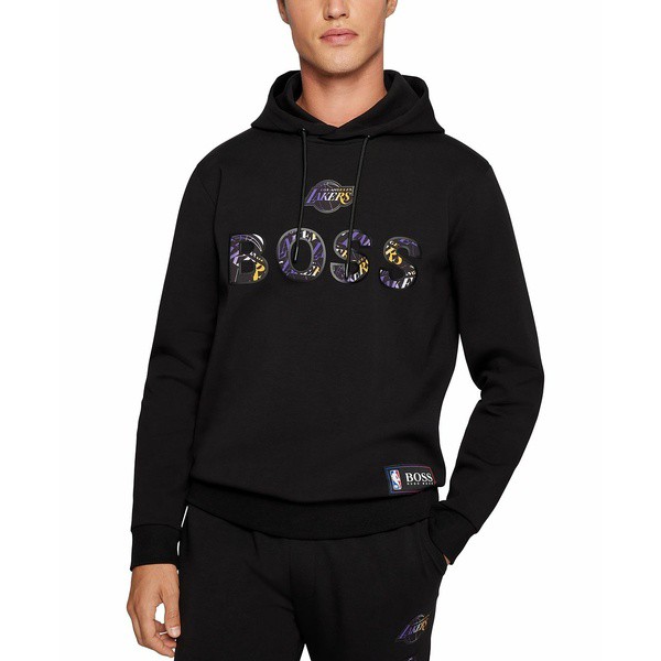 ヒューゴボス メンズ パーカー・スウェットシャツ アウター BOSS Men's NBA Los Angeles Lakers Cotton-Blend Hoodie Open Black