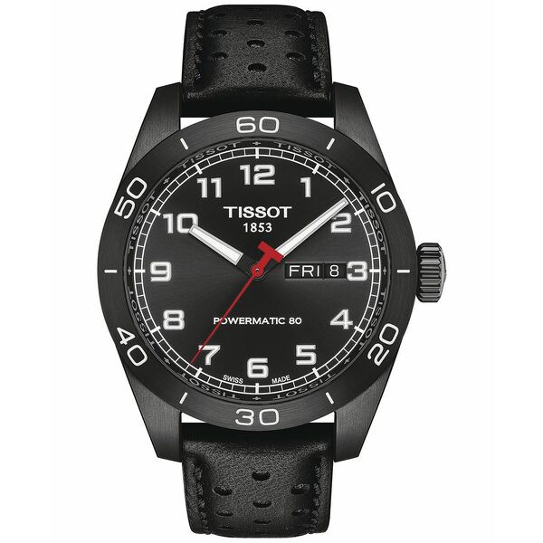 ティソット メンズ 腕時計 アクセサリー Men's PRS 516 Powermatic 80 Automatic Black Leather Strap Watch 42mm Black