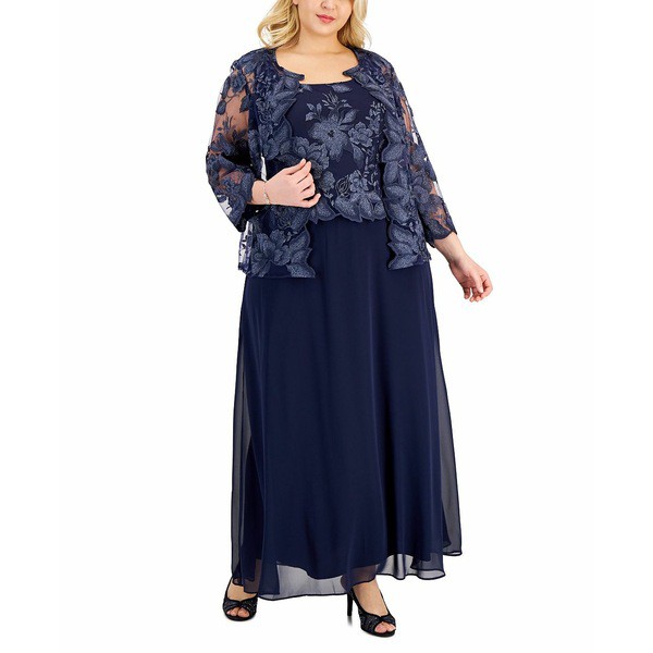 アレックスイブニングス レディース ワンピース トップス Plus Size Embroidered Long Dress & Jacket Navy