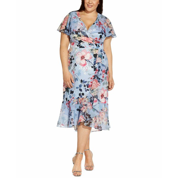 アドリアナ パペル レディース ワンピース トップス Plus Size Flutter-Sleeve Faux-Wrap Dress Blue Multi