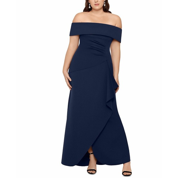 エスケープ レディース ワンピース トップス Plus Size Off-The-Shoulder Gown Navy