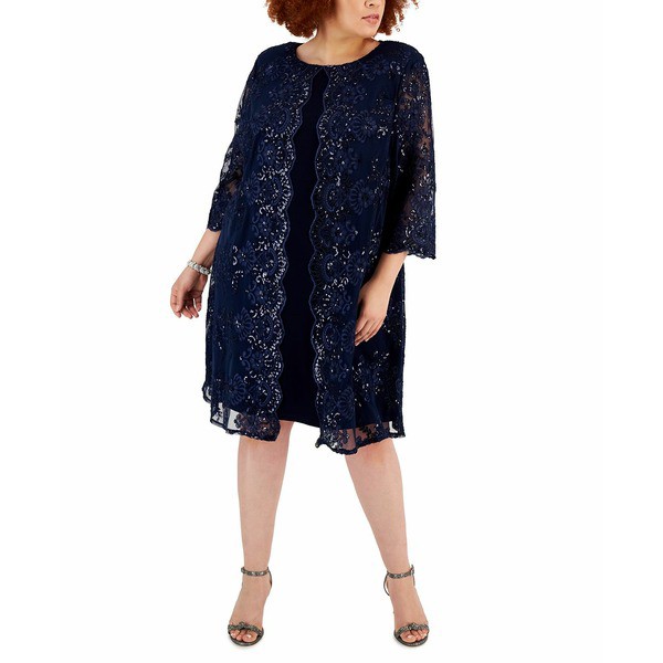 アレックスイブニングス レディース ワンピース トップス Plus Size Dress & Embellished Jacket Navy