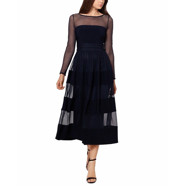 ベッツィ アンド アダム レディース ワンピース トップス Illusion-Trim Midi Dress Navy Blue