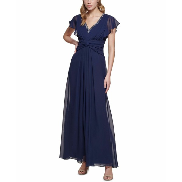 エリザジェイ レディース ワンピース トップス Embellished-V-Neck Twist-Waist Gown Navy