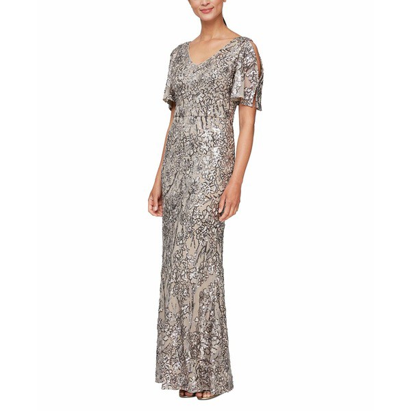 アレックスイブニングス レディース ワンピース トップス Women's Sequin Embellished Split-Sleeve Gown Mink