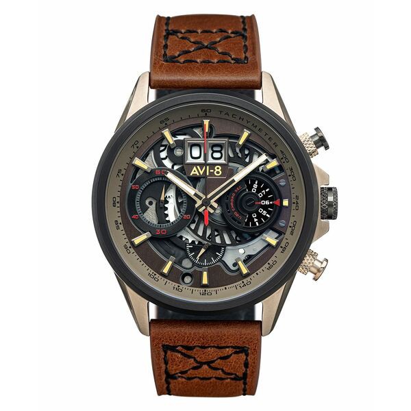 アヴィエイト メンズ 腕時計 アクセサリー Men's Hawker Harrier II Brown Genuine Leather Strap Watch, 45mm Brown