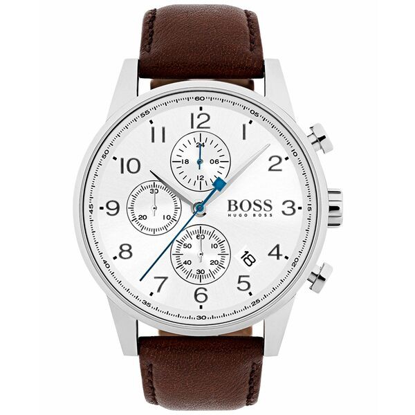 ボス メンズ 腕時計 アクセサリー Hugo Boss Men's Chronograph Navigator Dark Brown Leather Strap Watch 44mm 1513495 Brown