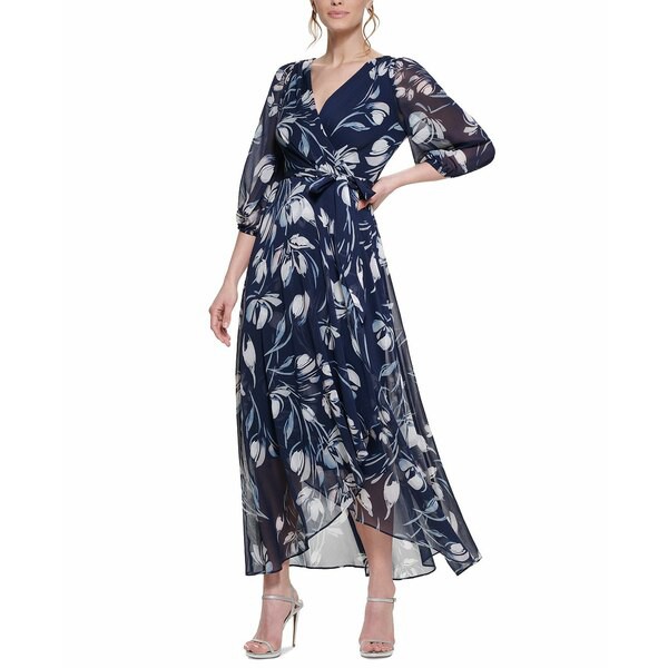 ダナ キャラン ニューヨーク レディース ワンピース トップス Floral-Print Faux-Wrap Gown Navy/Slate Multi