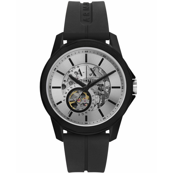 アルマーニ メンズ 腕時計 アクセサリー Men's Hampton Automatic in Black Case with Black Silicone Strap Watch, 44mm Black