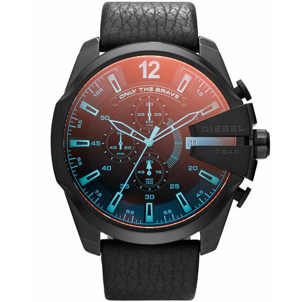 ディーゼル メンズ 腕時計 アクセサリー Men's Chronograph Mega Chief Iridescent Crystal Black Leather Strap Watch 51mm DZ4323 Blac