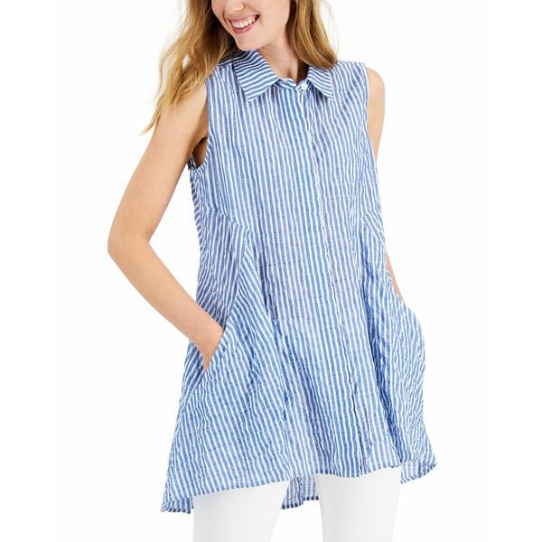 ダナキャラン レディース カットソー トップス Sleeveless Buttoned Top Blue/white Stripe