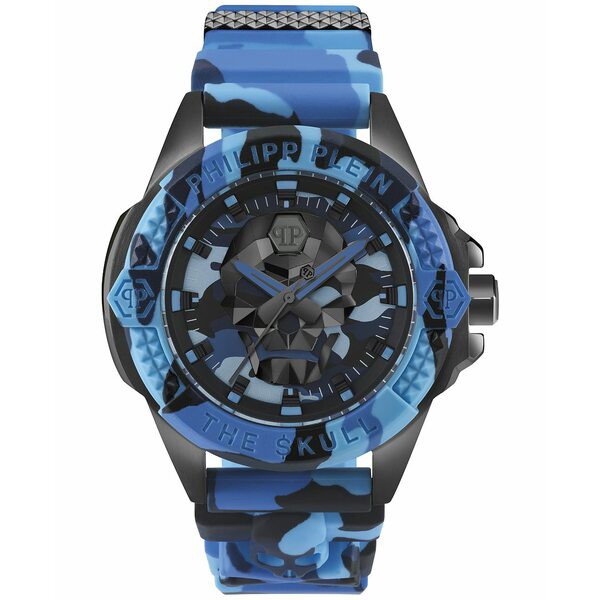 フィリッププレイン メンズ 腕時計 アクセサリー Men's The Skull Gunmetal and Blue Camouflage Silicone Strap Watch 44mm Blue Camouf