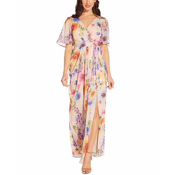 アドリアナ パペル レディース ワンピース トップス Floral Flutter-Sleeve Gown Praline Multi