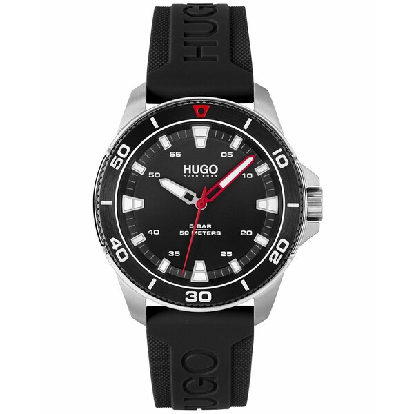 フューゴ メンズ 腕時計 アクセサリー Men's Streetdiver Black Silicone Strap Watch 44mm Silver