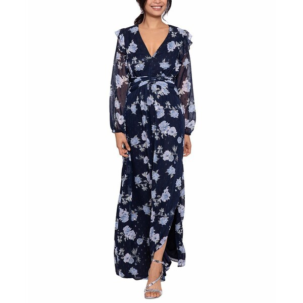 ベッツィ アンド アダム レディース ワンピース トップス Women's Floral-Print Long-Sleeve Gown Navy Blue