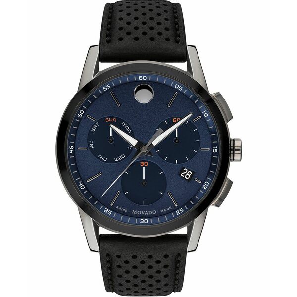 モバド メンズ 腕時計 アクセサリー Men's Swiss Chronograph Museum Black Perforated Leather Strap Watch 43mm Black