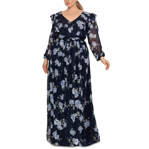 ベッツィ アンド アダム レディース ワンピース トップス Plus Size Floral Chiffon Gown Navy/Blue