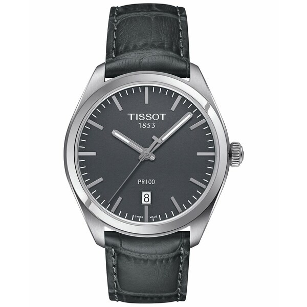 ティソット メンズ 腕時計 アクセサリー Men's Swiss PR 100 Gunmetal Leather Strap Watch 39mm T1014101644100 No Color