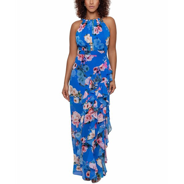 ベッツィ アンド アダム レディース ワンピース トップス Women's Ruffled Halter Gown Blue Multi