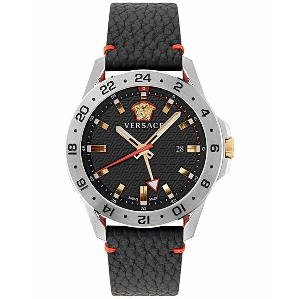 ヴェルサーチ メンズ 腕時計 アクセサリー Men's Swiss Sport Tech GMT Black Leather Strap Watch 45mm Stainless Steel