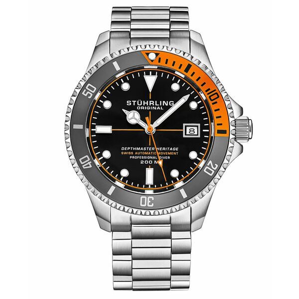 スターリング メンズ 腕時計 アクセサリー Men's Swiss Automatic Silver-Tone Stainless Steel Bracelet Watch 42mm Black