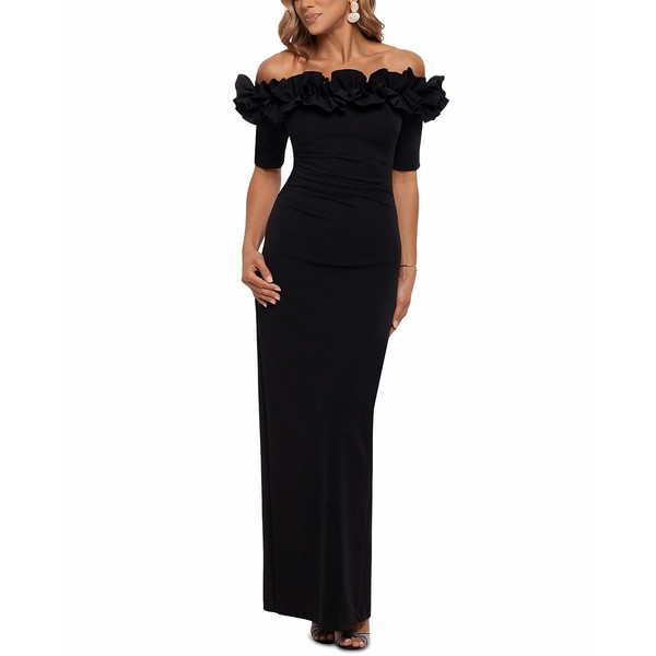 エスケープ レディース ワンピース トップス Petite Off-The-Shoulder Ruffled Gown Black