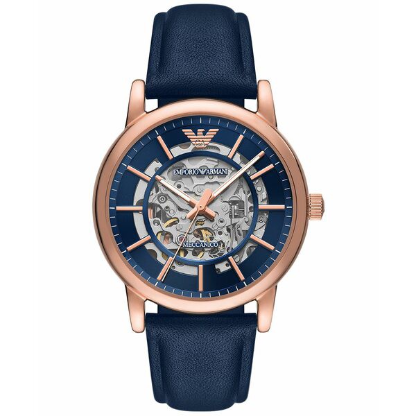 エンポリオ アルマーニ メンズ 腕時計 アクセサリー Men's Automatic Blue Leather Strap Watch 43mm Blue