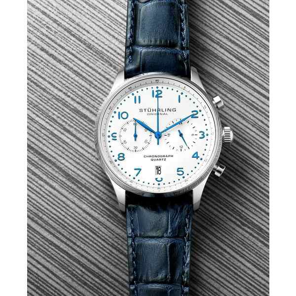 スターリング メンズ 腕時計 アクセサリー Men's Chrono, Silver Case, White Dial, Blue Leather Strap Watch White