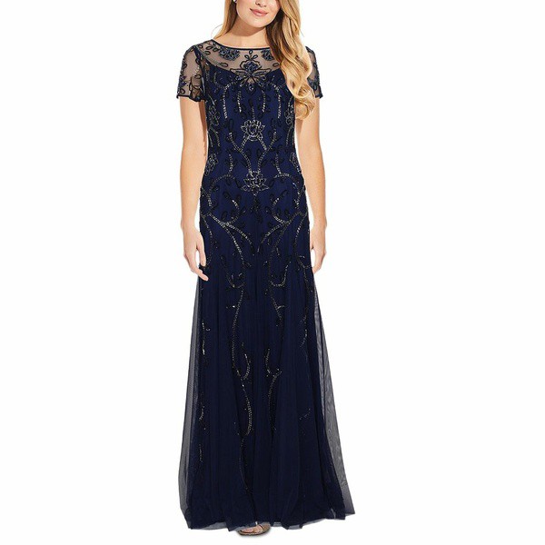 アドリアナ パペル レディース ワンピース トップス Beaded Gown Navy Blue