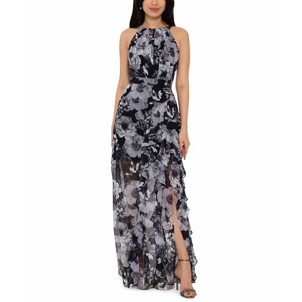 ベッツィ アンド アダム レディース ワンピース トップス Tie-Back Chiffon Halter Gown Black/Gray Floral