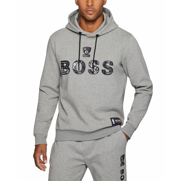 ヒューゴボス メンズ パーカー・スウェットシャツ アウター BOSS Men's NBA Brooklyn Nets Cotton-Blend Hoodie Grey